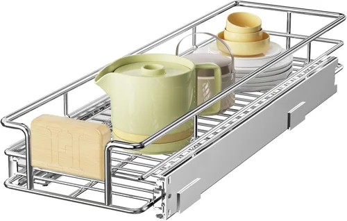 Vista 13 de LOVMOR Organizador de gabinete extraíble con mango de madera, 16½ pulgadas de ancho x 21½ pulgadas, organizador deslizante para cocina, despensa