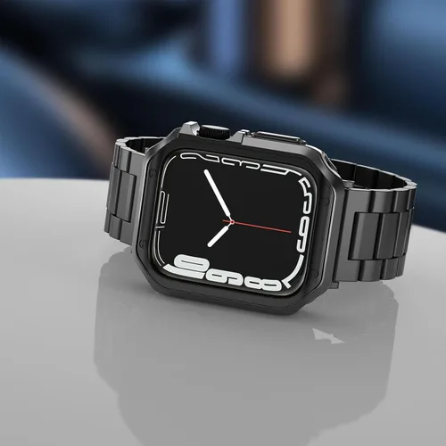 Vista 3 de Compatible con Apple Watch Banda y Estuche, Cadena de Metal de Acero Inoxidable con Cubierta de TPU, Correa de Pulsera de Eslabones