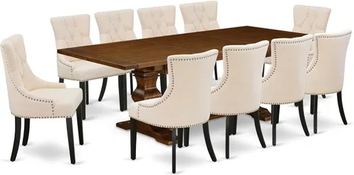 Vista 17 de East West Furniture ALAFR7-81-02 Juego de mesa de comedor moderno de 7 piezas consta de una mesa rectangular de madera con hojas extraíbles y 6