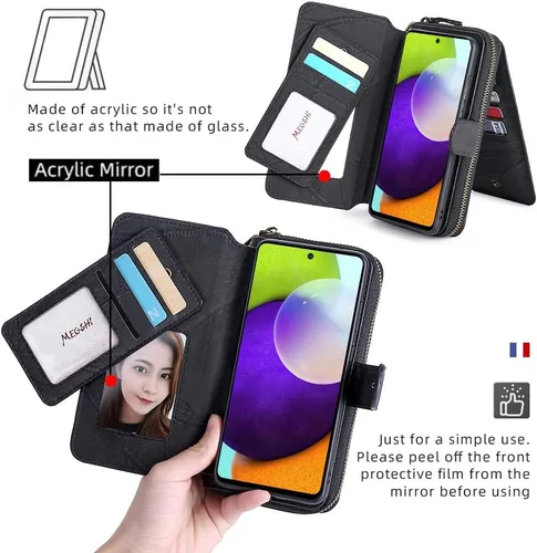 Vista 3 de Asuwish Funda de teléfono para Samsung Galaxy A52/A52S 5G con cremallera, funda desmontable con protector de pantalla y soporte de cuero para Negro
