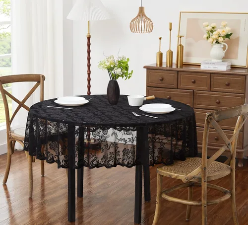 Vista 10 de ASATEX Camino de mesa de encaje de lino dorado de 14 x 36 pulgadas con 2 borlas. El patrón floral clásico y elegante es la opción ideal