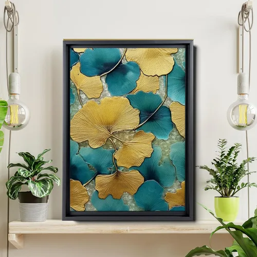 Vista 6 de Gold Turquoise Ginkgo Leaf Print, Captivating Plants Wall Art, Ginkgo Biloba Leaf Print Painting, Embrace the Serenity of Nature