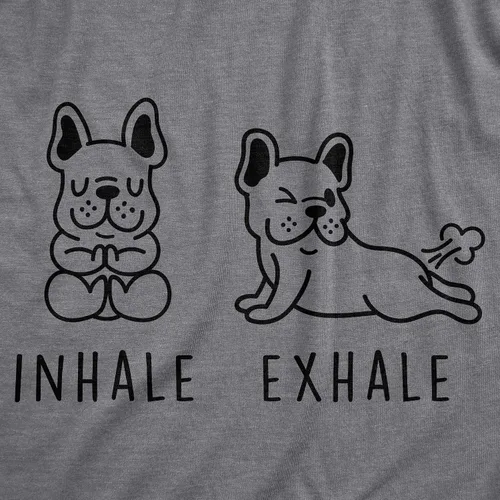 Vista 2 de Camiseta para hombre Inhale Exhale Bulldog francés divertida para hacer pedos para yoga, cachorro, amante de los perros, Gris jaspeado oscuro