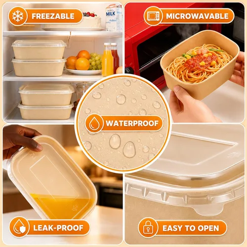 Vista 3 de Kaderron 50 Pack 20 OZ Large Paper Bowls with Lids with Spoons and Forks, Heavy Duty Disposable Meal Prep Containers for Party, Soak-Proof and
