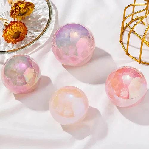 Vista 7 de Angel Aura - Bola de cristal de cuarzo rosa con soporte, escultura de esfera de piedra preciosa pulida de cuarzo rosa rosa natural para exhibición