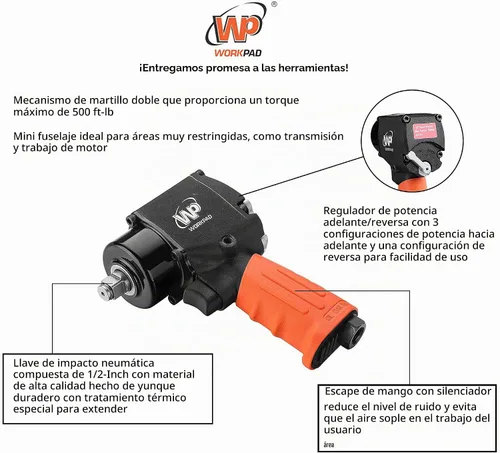 Vista 4 de WORKPAD - Mini llave de impacto neumática de 1/2 pulgada con martillos gemelos, herramientas neumáticas