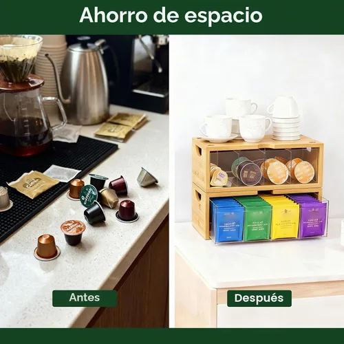 Vista 8 de Organizador apilable de bambú para bolsitas de té, 2 piezas Gran capacidad, juego de cajas Natural
