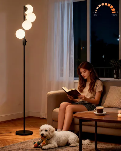 Vista 19 de Lightdot Lámparas de pie regulables doradas y negras de 66 pulgadas con mesa, moderna lámpara alta de pie con pantalla de globo, cabeza