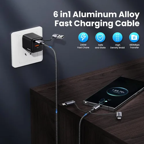 Vista 2 de Cable de carga múltiple de 240 W, cable USB C 6 en 1 de 4 pies, cables de carga rápida con puertos USB-C/A a conectores IP/tipo C/micro