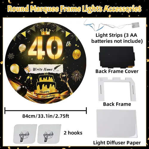 Vista 6 de Letrero luminoso de feliz cumpleaños de 40 años, decoración de fiesta para hombres, fondo de cumpleaños LED negro y dorado, carpa redonda, cartón
