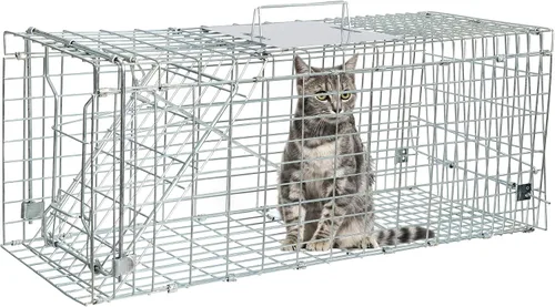 Vista 4 de Trampa de jaula para animales vivos ANT MARCH 32"x11.5"x13" de acero, jaula humanitaria de liberación de roedores con guantes para conejos, gato