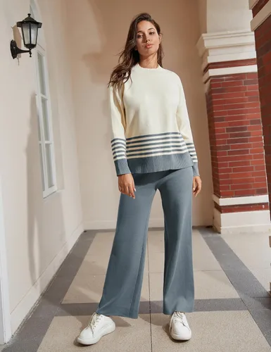 Vista 2 de Himosyber Conjunto de suéter para mujer, 2 piezas, de manga larga, suéter de punto, pantalones deportivos