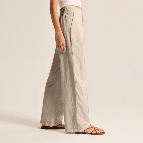 Vista 4 de Women Linen Straight-Leg Pants Casual Loose Baggy Slacks Regular for Office Work Business Workout Clothes