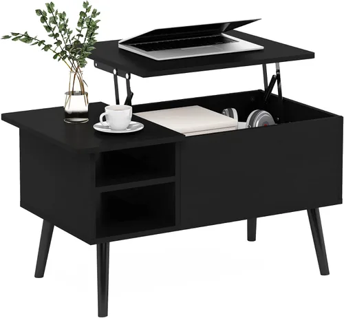 Vista 11 de Furinno Jensen Mesa de centro de madera para sala de estar, con compartimento oculto y estante de almacenamiento lateral abierto, roble Flagstaff