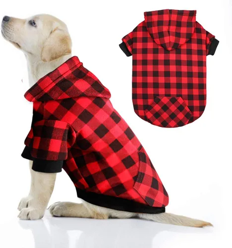 Vista 8 de Sudadera con Capucha a Cuadros Rojos para Perros, Ropa para Mascotas con Capucha y Bolsillo (XS)