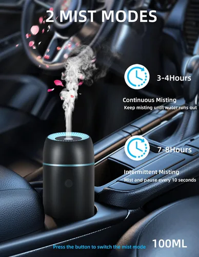 Vista 2 de Difusor de automóvil para aceites esenciales, portátil, mini humidificador ultrasónico de niebla de 3.4 fl oz, difusor ambientador de aromaterapia