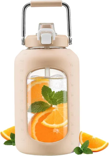 Vista 12 de WINSA - Botella de agua de vidrio de 84 onzas con pajita, 2.5 litros, ámbar Botella de beber de galón, con asa, funda de silicona para deportes