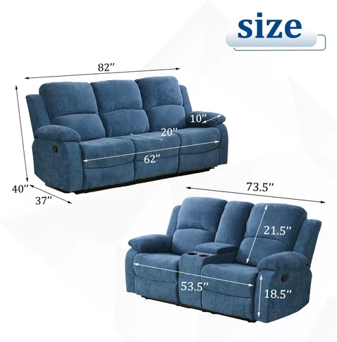 Vista 2 de Juego de sofá reclinable de 2 piezas de tela de microfibra, juego de muebles de sala de estar, sofá reclinable y sofá biplaza con portavasos y Azul