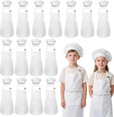 Vista 11 de Juego de delantal y sombrero de chef para niños, 24 piezas con 2 bolsillos ajustables para cocinar, aula, hornear, pintura, 6 a 13 años