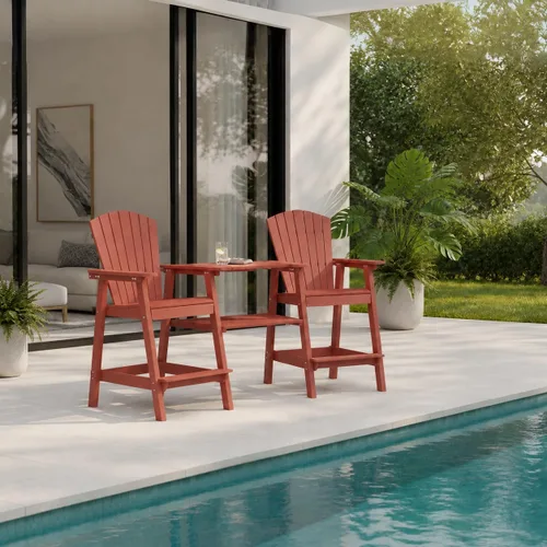 Vista 19 de Juego de 2 sillas altas Adirondack de Patio Kingdom, sillas de cubierta de HDPE con bandejas conectadas y agujero para sombrilla, taburetes de bar