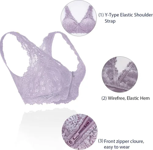 Vista 6 de Rolewpy Bralette de encaje floral para mujer, con cierre de cremallera sin cordón y parte superior corta con relleno extraíble