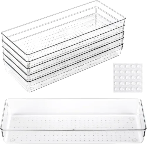 Vista 9 de 6 bandejas organizadoras de cajones de plástico transparente de 6 x 3 pulgadas con 25 almohadillas antideslizantes para maquillaje, joyas