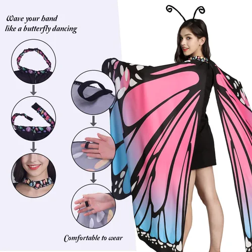 Vista 3 de PHAXCOO Butterfly Wings for Women Butterfly Shawl Fairy Ladies Cape Nymph Pixie Halloween Costume Accessory