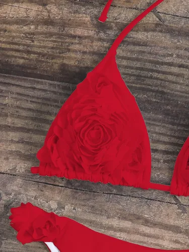 Vista 4 de OYOANGLE Conjunto de bikini de 2 piezas para mujer, sexy, con lazo, halter y triángulo, traje de baño floral