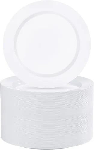 Vista 11 de BESTVIP 50 platos de plástico dorado transparente de 7 pulgadas, platos desechables para ensalada y postre con borde dorado para Navidad, Acción