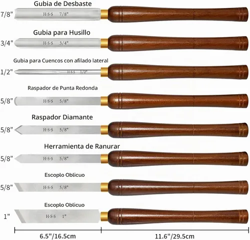 Vista 2 de Juego de cinceles para torno de madera, 8 piezas, herramientas de torneado de madera M2 HSS Wood Lathe Tools Kit with 11.6" Ergonomic Handles &