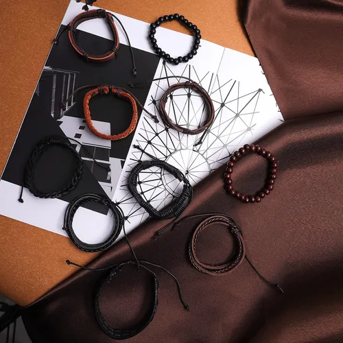 Vista 8 de Milakoo - 10 pulseras de cuero trenzado para hombre y mujer, pulseras de cuentas de madera ajustables
