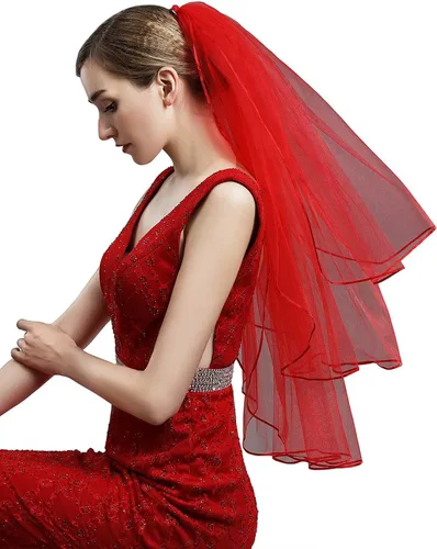 Vista 6 de Velos cortos de boda para mujer con peine de 3 niveles para Halloween, tul velo de novia