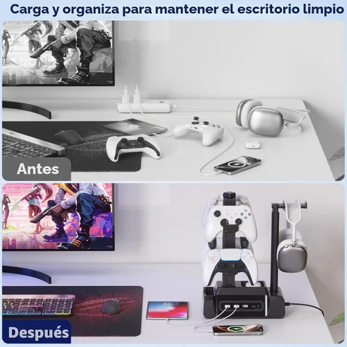 Vista 7 de KDD Estación de carga para múltiples dispositivos - Base de carga de 4 puertos con controlador y soporte para auriculares - 3 USB A y 1 USB C
