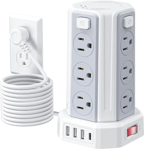 Vista 12 de Tira de alimentación con protector de sobretensiones, cable de extensión de 6.5 pies con 12 tomas múltiples de CA, 4 USB (1 USB C), estación de Negro