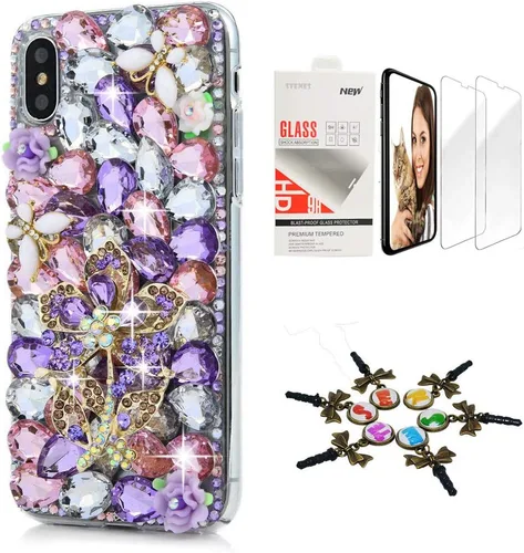 Vista 10 de Sparkle Funda compatible con iPhone 12 – Elegante – 3D hecha a mano con lazo y corona de lazo para llaves, diseño de rosas y diamantes de imitación