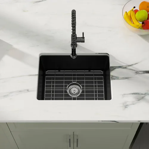 Vista 2 de Dcolora Fregadero de Barra de Composite de Cuarzo de 22 Pulgadas Negro Bajo Encimera Pequeño Fregadero de Cocina de Composite de Granito Prep RV
