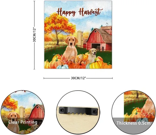 Vista 2 de Happy Harvest Frenchton Dog Barn Wood Sign Retro Fall Sweet Fall Wall Plaque Pumpkin Patch Wood Panels Home Wall Decoration for Home Kitchen Living