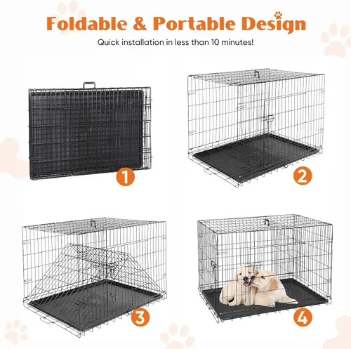 Vista 5 de Sweetcrispy - Jaula grande para perros con panel divisor, de 91 cm, de doble puerta, plegable, de alambre de metal, con bandeja antiderrame