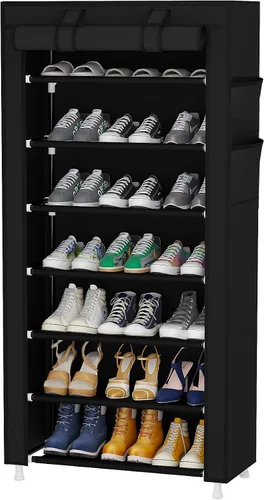 Vista 7 de Calmootey Organizador de zapatos de 5 niveles, estante portátil para zapatos con cubierta de tela no tejida para armario, pasillo, dormitorio, Gris