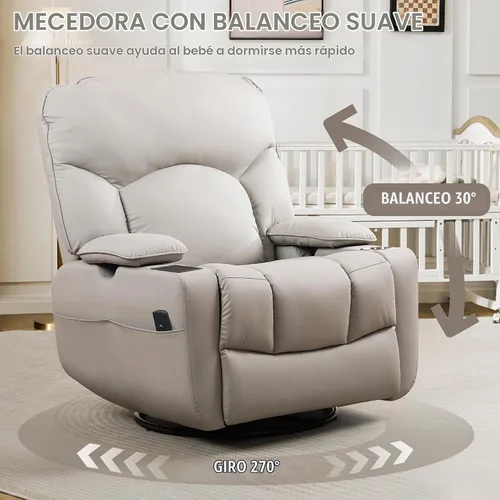 Vista 4 de SUNWAVE Power Nursery Rocking Chair with Adjust Armrest & Smart Cup Holder Gris
