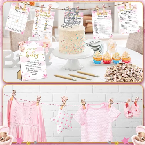 Vista 6 de Patelai 321 Bearly Wait Baby Shower Decoraciones de oso rosa, suministros de fiesta de oso rosa, juegos de baby shower, juegos de 5 juegos de No