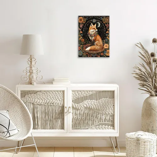 Vista 2 de Lienzo decorativo para pared, diseño de zorro, diseño bohemio de animales para cocina, sala de estar, dormitorio, baño, oficina, zorros, pintura