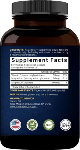 Vista 6 de Cápsulas de glicinato de magnesio de 500 mg, 240 unidades, 100 % quelado y purificado, probado por terceros, sin OGM y sin gluten