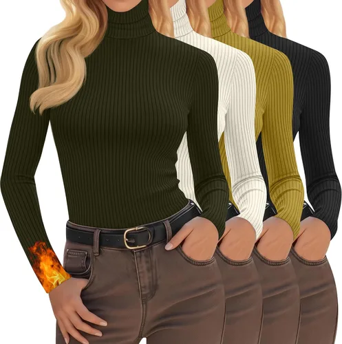 Vista 15 de Oakgarden Paquete de 4 camisetas térmicas de cuello alto para mujer, de manga larga, acanaladas, de algodón, ajustadas, capa base, ropa