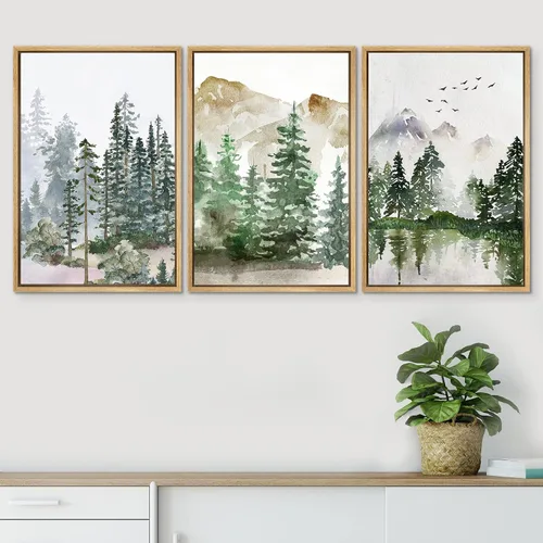 Vista 533 de SIGNWIN Lienzo enmarcado para pared, juego de arte pastel con cadena montañosa, bosque, niebla, naturaleza silvestre, ilustraciones modernas, arte