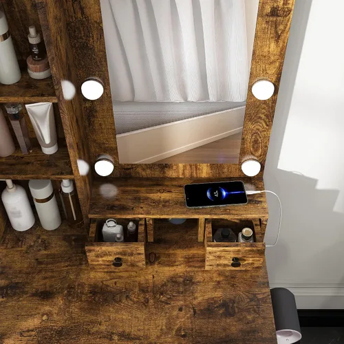 Vista 9 de Mesa de tocador con espejo y luces LED ajustables, soporte para secador de pelo, cajones de almacenamiento y taburete, escritorio compacto