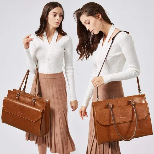 Vista 2 de CLUCI Maletín de negocios de cuero de 15.6 pulgadas para mujeres con 2 compartimentos con cremallera bolsa para portátil Oil Wax Leather, Business