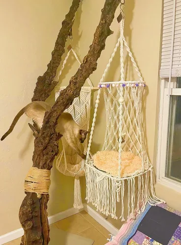 Vista 5 de KARCEEY Cama colgante para gatos, hamaca de macramé para gatos, cama columpio bohemia con alfombrilla de hierba gatera