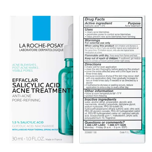 Vista 7 de La Roche-Posay Effaclar - Suero de ácido salicílico al 1,5%, tratamiento para el acné para la cara con ácido glicólico y niacinamida, suero