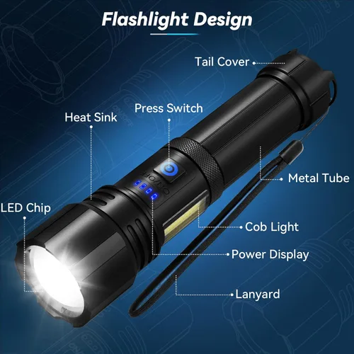 Vista 8 de Sigoobal Linterna LED recargable de alto lúmenes, 99,000 LM, linterna potente súper brillante, luces de flash de alta potencia, linternas de mano
